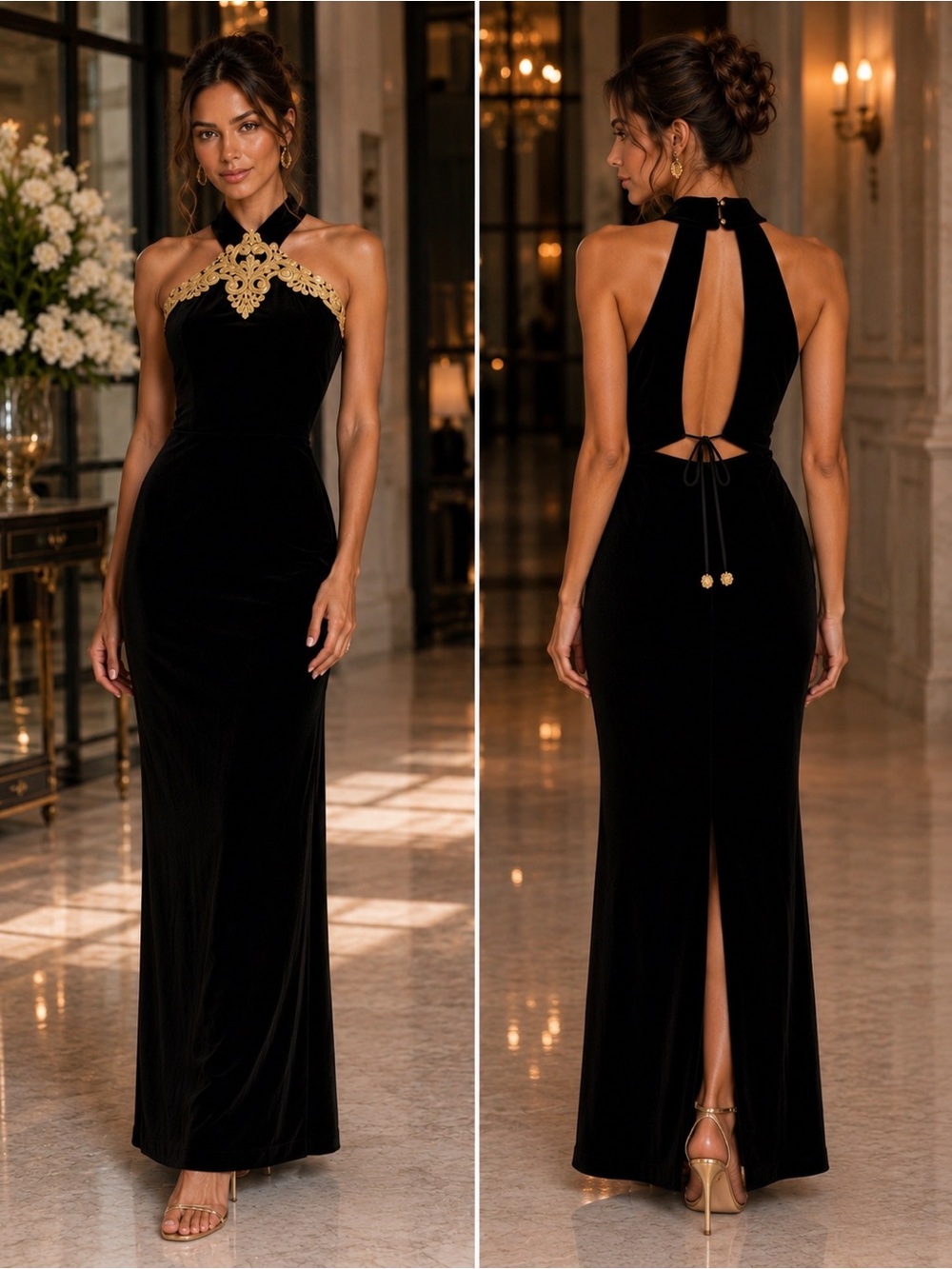 Vintage Scott McClintock Black Velvet Gold Embroidered Halter Maxi Dress Size 12